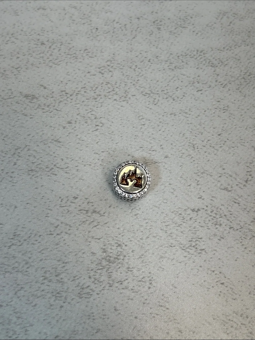 Pandora925 Sterling Silver Disney Round Charm  with Glittery Gold Castle